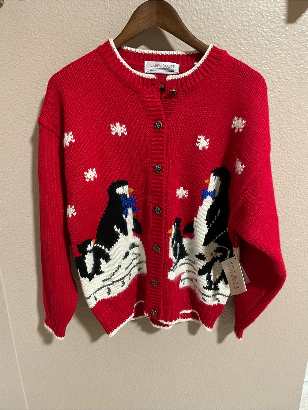 Vintage NWT Karen Scott Red Penguin Crewneck Cardigan Sweater